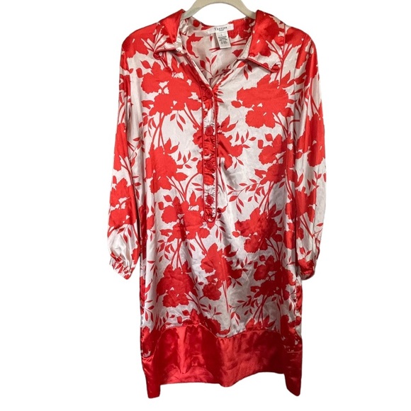 Vertigo Paris Red and White Satin Long Sleeve Floral Print Dress large - Picture 2 of 8
